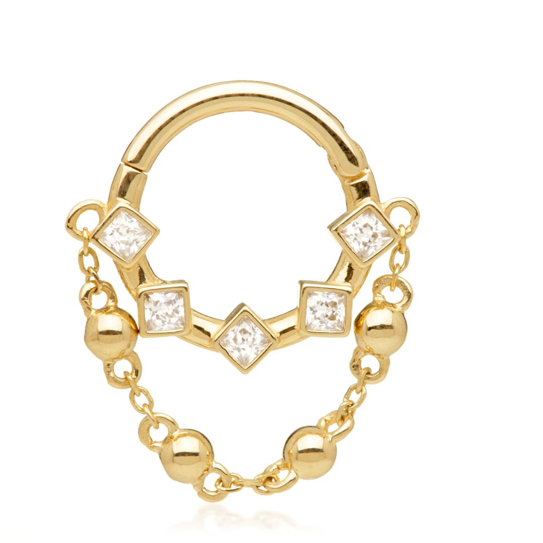 Gold Jewelled Square Hinged Ring with Hanging Ball Set Chain